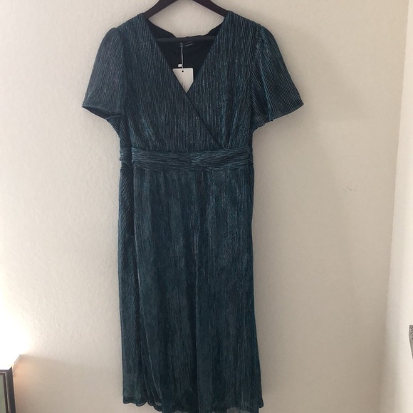 Bloomchic Cerulean Glitter Mesh Lined Surplice Neck Ruffle Pocket Dress 14-16 - Picture 7 of 11